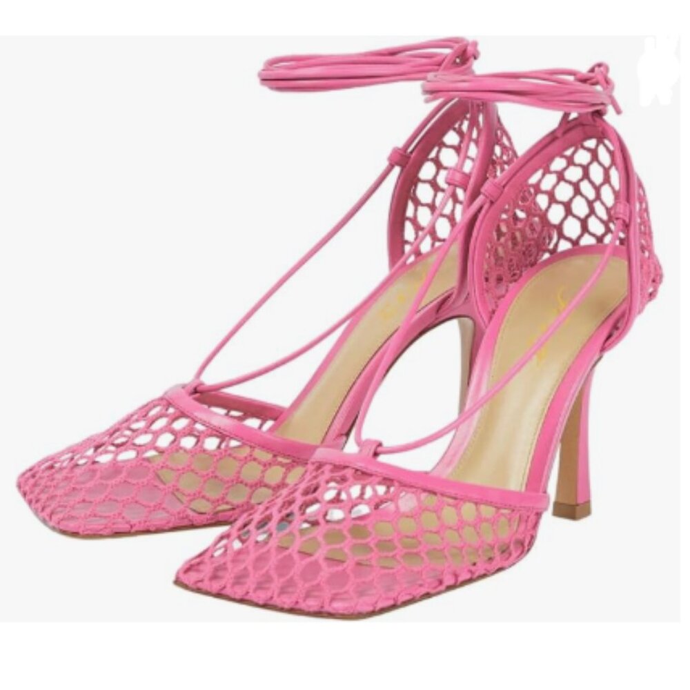 FOWT Hot Pink Square Toe Lace Up Mesh Pumps Ankle Strap High Heel Sandals
